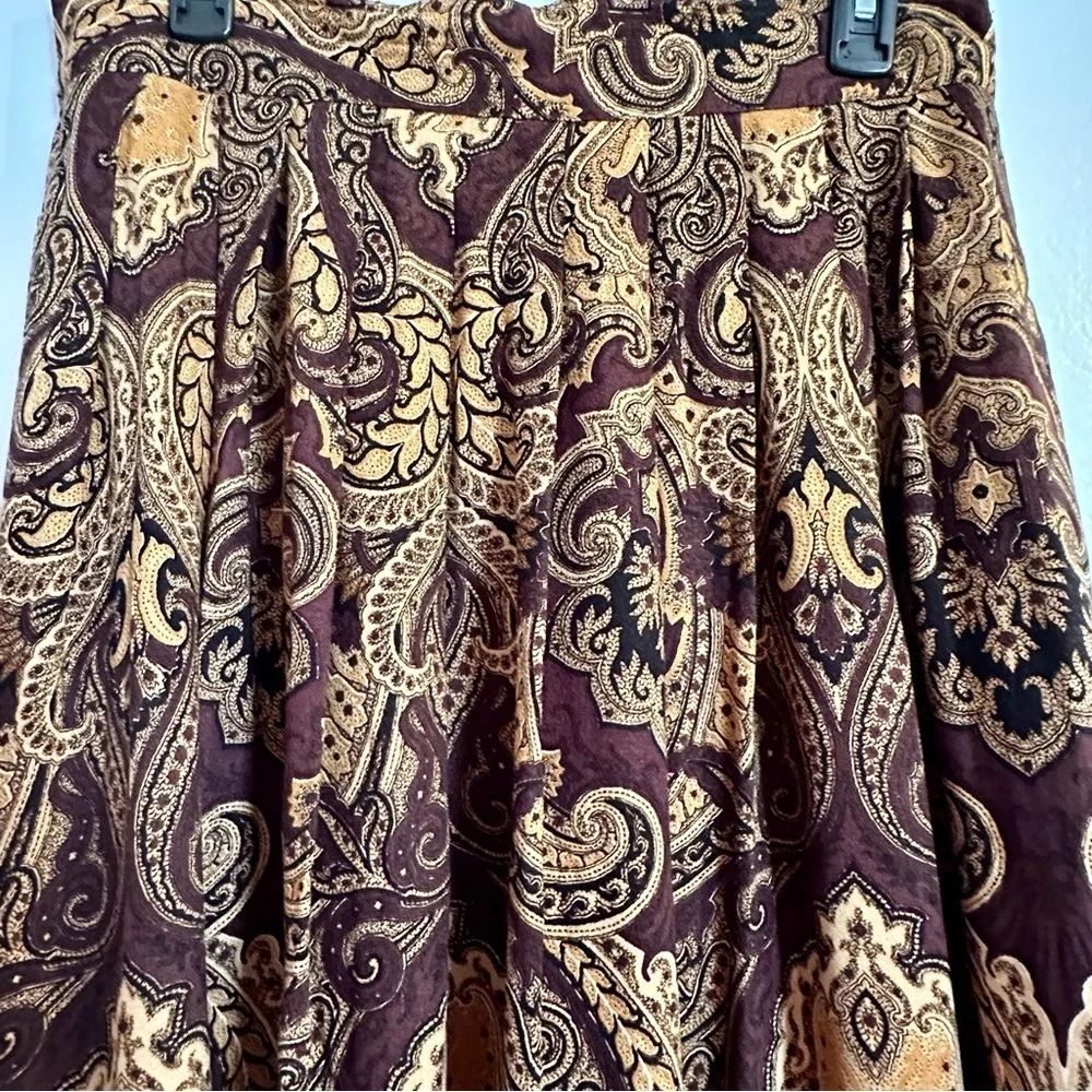 Plus Sz 1X Vintage Brown Gold Brocade Midi Skirt Flowy Fall Cottagecore 80s 90s